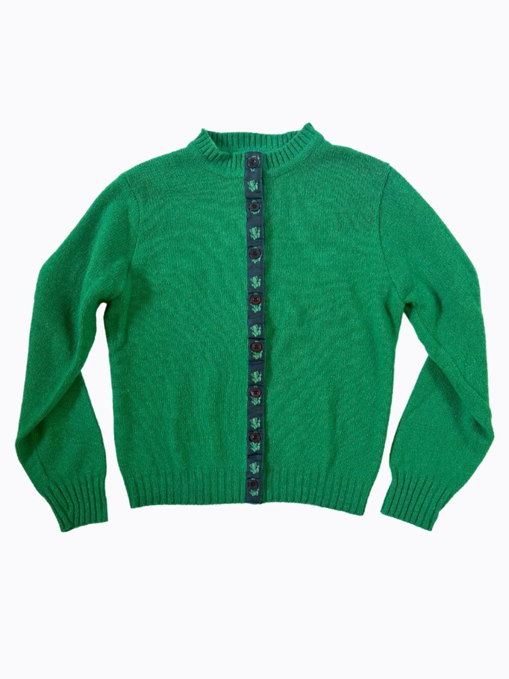 Vtg 80s Fall River Knitting Mills Green Shetland Wool Cardigan S Frog Ribbon BTS
